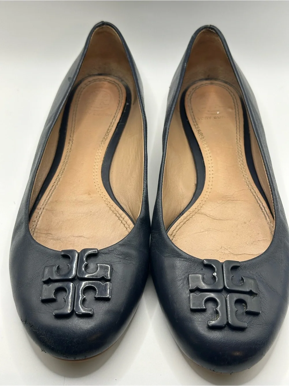 Tory Burch Navy Leather Logo Ballet Flats